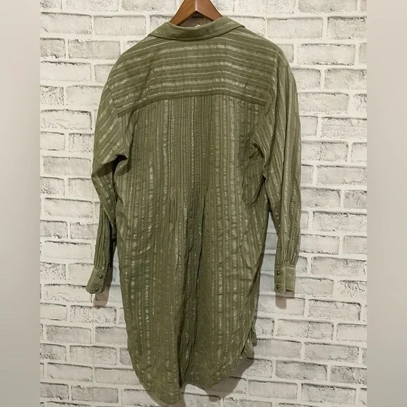 Women’s Anthropologie Pintuck shirt dress green w/silver thread button down S - Picture 3 of 4